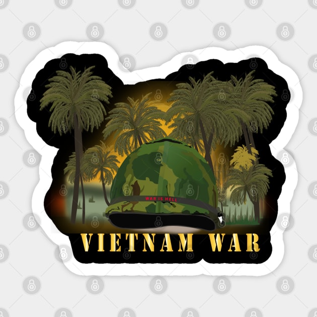 Vietnam Era Helmet Cover - Band - Front - War is Hell w Jungle - Fire w Txt Sticker by twix123844